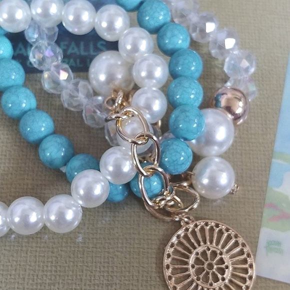 Boho Gold Turquoise Pearl 3 Strand Stretch Bracelet Set - Picture 5 of 6